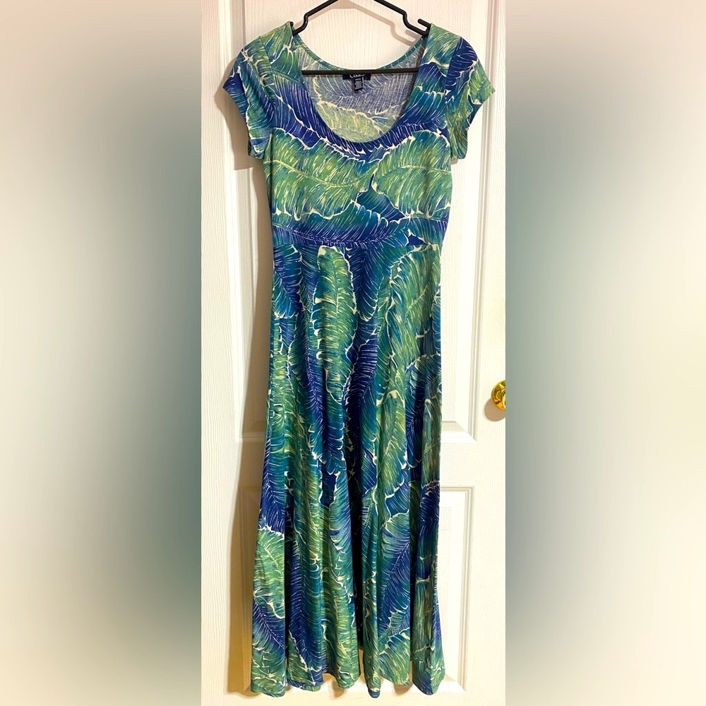 Chaps Leafy Tropical Maxi Short Sleeve Cotton Green & Blue Dress Size Small - Picture 2 of 8